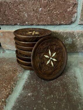 8 Vintage Carved Wood Coasters with intricate shell inlay design 3” Floral
